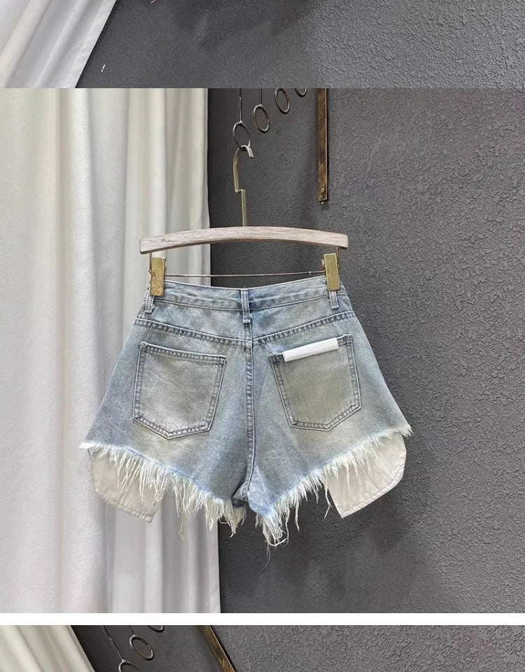 2025 Novas Mulheres Cintura Alta Buracos de cor clara Projetado Shorts Jeans Femininos em forma de A Jeans rasgados s-xl rosa azul