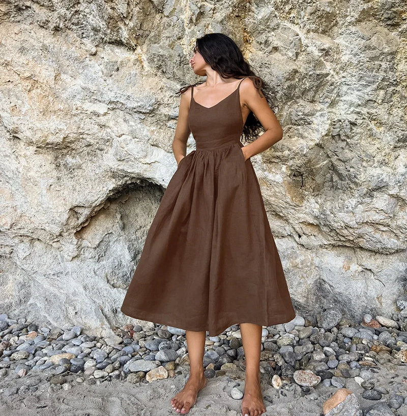 Vestido de cintura alta com suspensório respirável de algodão e linho Verão europeu e americano Novo estilo de férias saia longa para mulheres