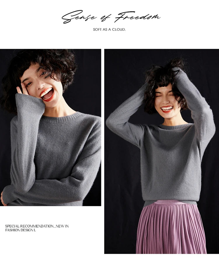 Pulôver feminino outono/inverno 100% puro suéter de caxemira casual suéter de malha gola redonda solto Tops básico versátil Blusa