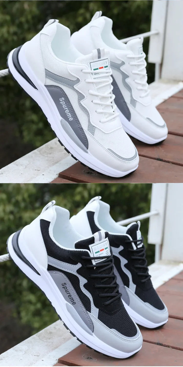Sapatos masculinos respiráveis de verão 2024 Novos esportes casuais Web Running Student Branco Velho Sapatos da moda de altura aumentada