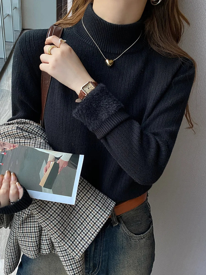 Suéter de gola alta feminino inverno 2025 vermelho retrô com forro de veludo engrossado desgaste interno tricô térmico camisa de assentamento