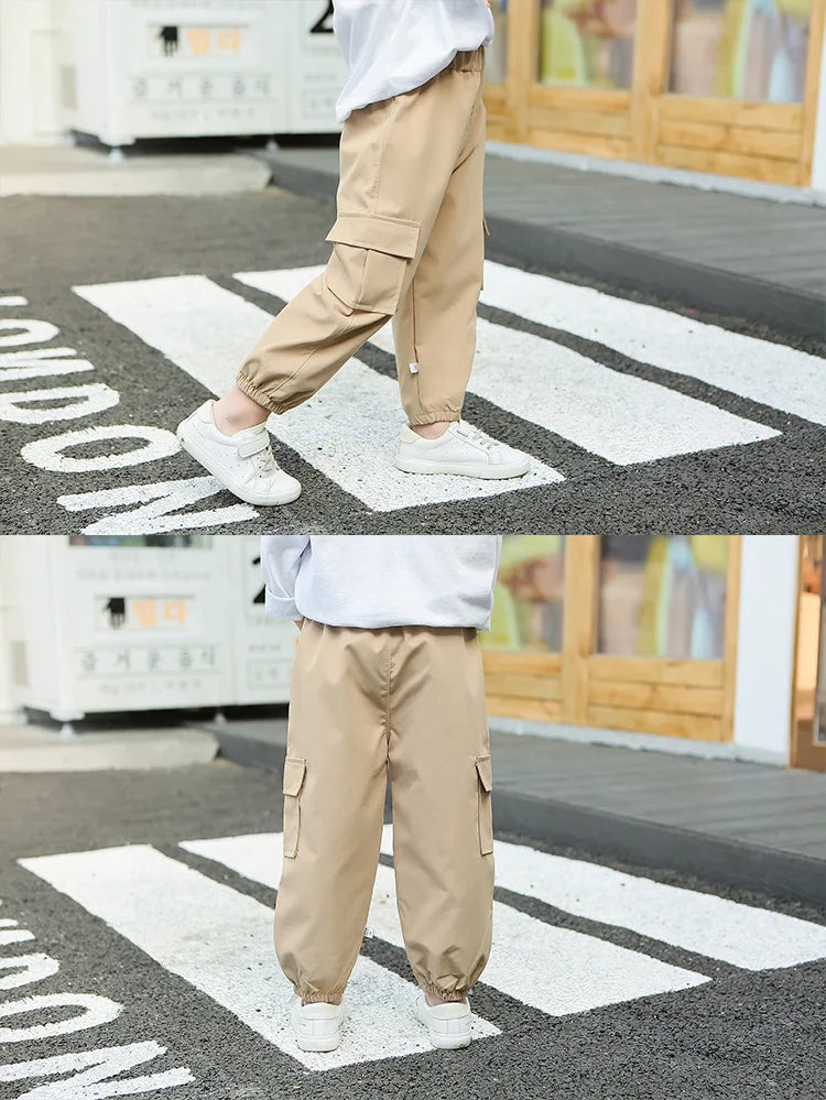 Kids Cargo Pants Solid Color Children Casual Trousers with Multi Pockets Elastic Waist Boys Cargo Pant Streetwear Spring Autumn