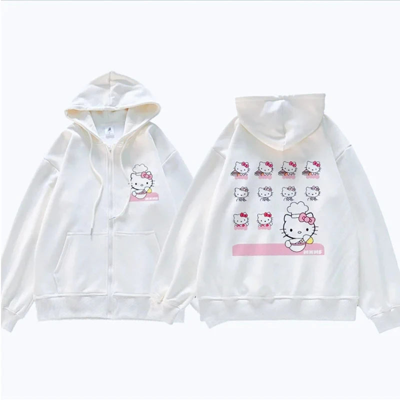 Sanrio Anime Bonito Impresso Hoodies Mulheres Dos Desenhos Animados Hello Kitty Y2k Estudantes Coreanos Moletom Solto Moda Doce Cardigan Roupas
