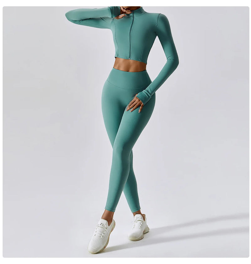 3 PCS Conjunto de Yoga Conjuntos de Treino Feminino Sportswear Roupas de Ginástica Fitness zíper Manga Comprida Cintura Alta Leggings Ternos Esportivos Terno de Ioga