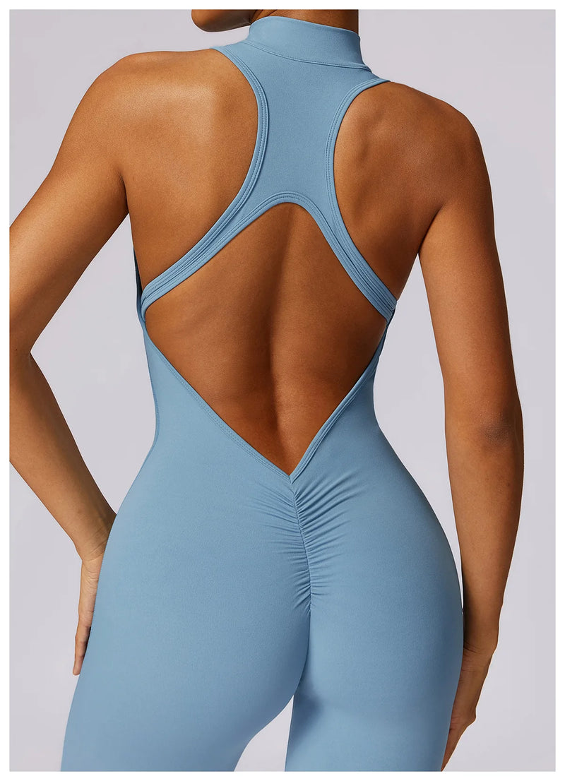V Voltar Terno De Uma Peça Das Mulheres Macacão Esportivo Zíperes Yoga Macacão Backless Sportswear Mulheres Sleeveles Workout Bodysuits Feminino