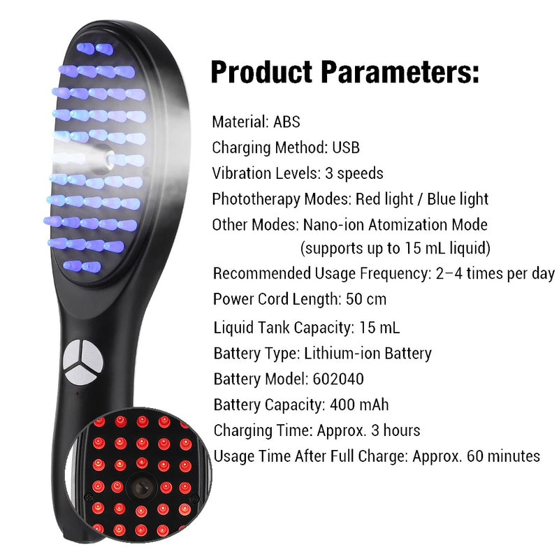 Escova de Cabelo com Luz Vermelha e Azul, Cuidados com o Cabelo, Massagem no Couro Cabeludo, Aplicador de Medicamento para o Couro Cabeludo 6/15ml, Sem Fio, Anti-Queda, Escova de Beleza