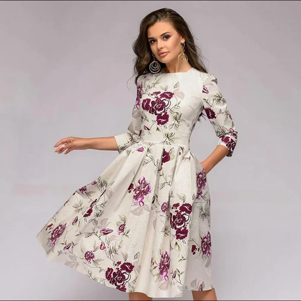 Novo estilo europeu de roupas femininas sete-oitavo manga impresso A linha de babados vestido em estoque várias cores opções de tamanho