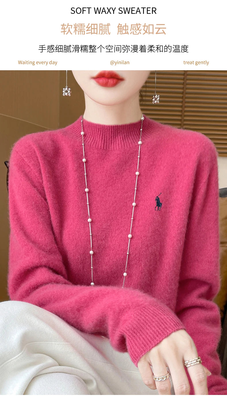 2025 Outono/Inverno Feminino Novo Moletom Com Capuz De Caxemira Elegante Bordado Meio Alto Gola Macia Caxemira Explosiva100% Lã Australiana