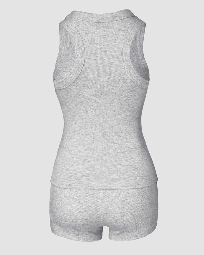 Ternos de Estilo Urbano para Mulheres 2025 Primavera Verão Última Cor Sólida Elegante Apertado 2Pcs Top de Regata com Decote em U&Casual Conjunto de Shorts de Cintura Alta
