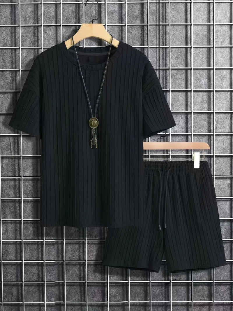 Nova moda masculina esportes de verão cor sólida gola vertical listra T-shirt shorts terno de manga curta