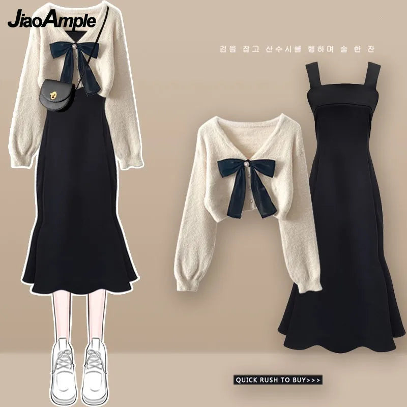 Primavera Outono Novas Suéteres de Malha Femininas Duas Peças 2025 Coreano Elegante Arco Cardigan Strap Saia Conjunto Correspondente Roupas Femininas