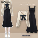 Primavera Outono Novas Suéteres de Malha Femininas Duas Peças 2025 Coreano Elegante Arco Cardigan Strap Saia Conjunto Correspondente Roupas Femininas