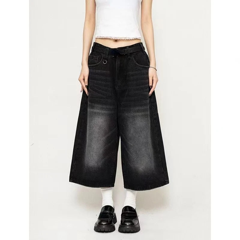 2024 Vintage Wash Whiskers Denim Shorts Mulheres Cintura Baixa Desgastado Desfiado Perna Larga Jeans Baggy Jorts Roupas Casuais de Verão