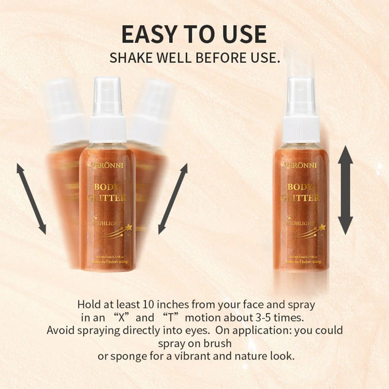 Óleo iluminador corporal líquido com brilho maquiagem 4 Cores Spray de Glitter Óleo Loção brilho cosméticos Spray de Glitter Corporal Óleo Loção