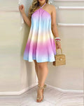 Vestido de Estampa Tropical com Decote Halter, Estilo de Férias Vestido Sem Costas para Primavera & Verão, Roupas Femininas