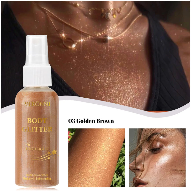 Óleo iluminador corporal líquido com brilho maquiagem 4 Cores Spray de Glitter Óleo Loção brilho cosméticos Spray de Glitter Corporal Óleo Loção