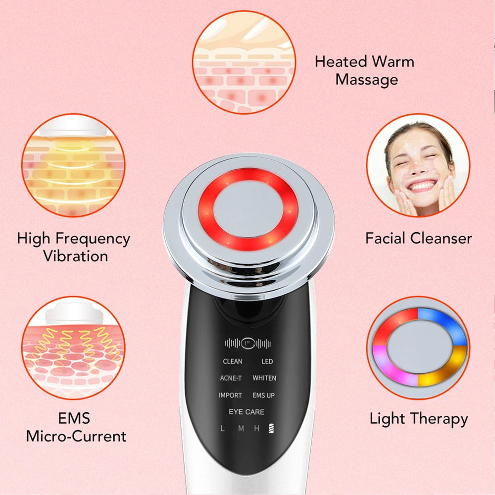 Massageador Facial RF EMS 7 em 1 Ferramentas de Cuidados