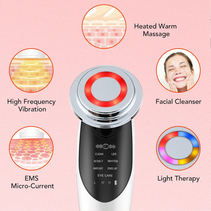 Massageador Facial RF EMS 7 em 1 Ferramentas de Cuidados com a Pele Lifting Facial Aparelho Multifuncional Reafirmante Rejuvenescimento da Pele Remoção de Rugas Beleza Facial