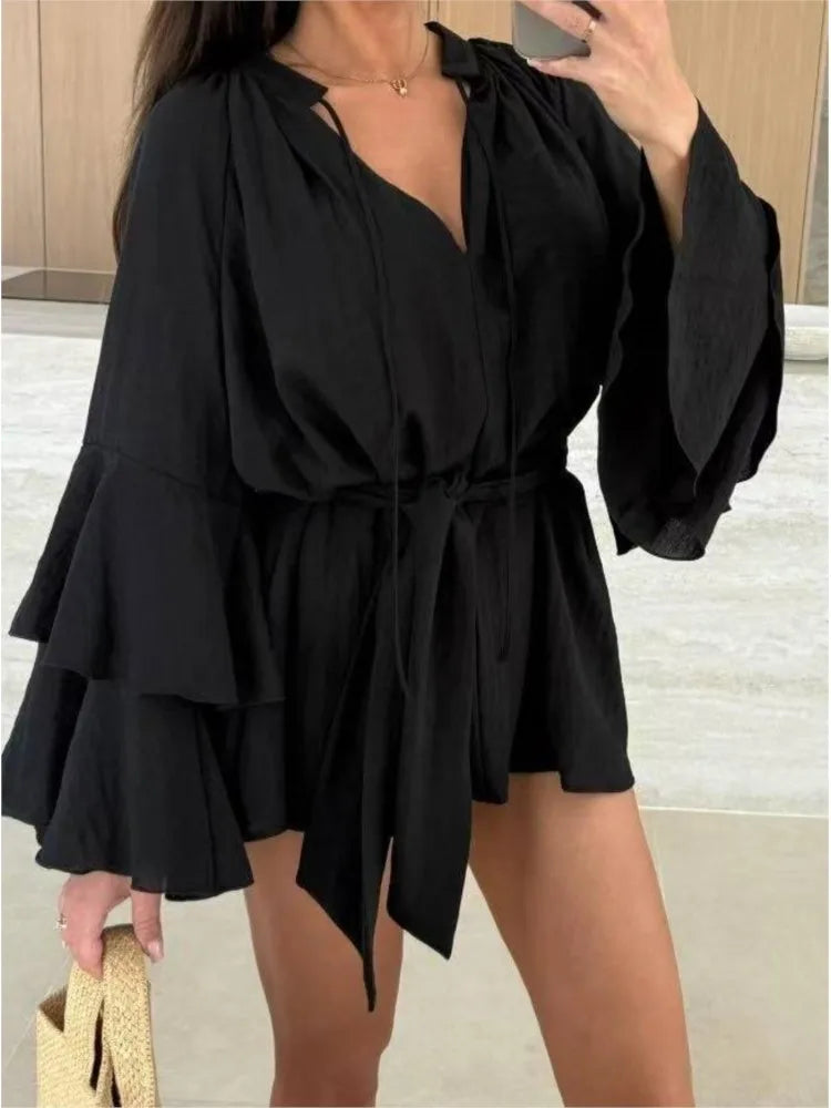 Elegante Plissado Vestido Curto Mulheres Solto Lace Up Manga Longa Flare V Neck Vestidos Feminino 2025 Primavera Oco Out Praia Robe Senhora