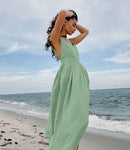 Vestido de cintura alta com suspensório respirável de algodão e linho Verão europeu e americano Novo estilo de férias saia longa para mulheres