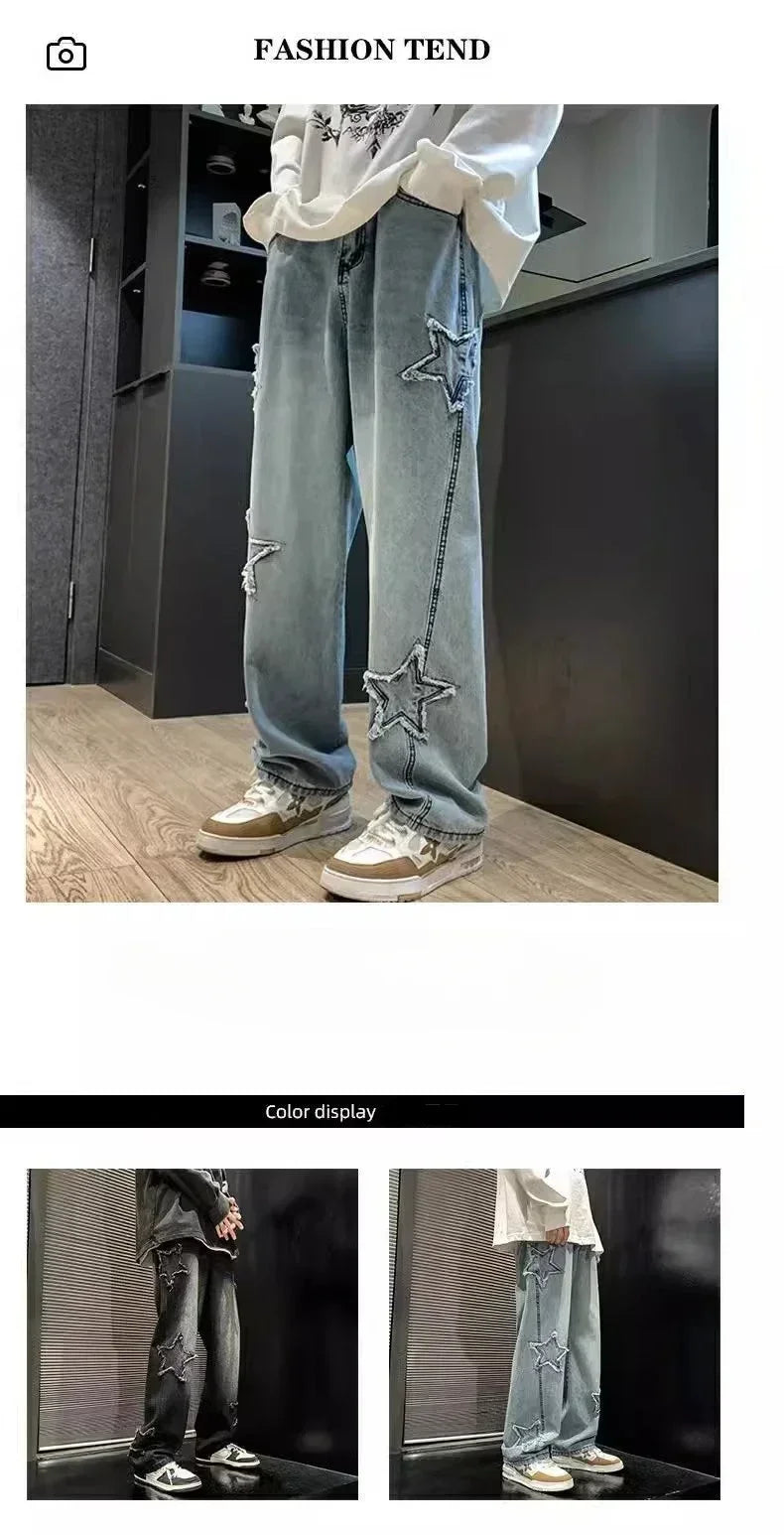 Estrelas Patchwork Homens Jeans Nova Moda Y2K Tassel Pants Coréia Roupas Em Linha Reta Hip Hop Emenda Calças Masculinas Streetwear