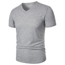 Homens Corrida Esportes Fitness Verão Novo Alto Elástico Listra Vertical Manga Curta Decote em V Slim Fit Malha Inferior Camisa Top