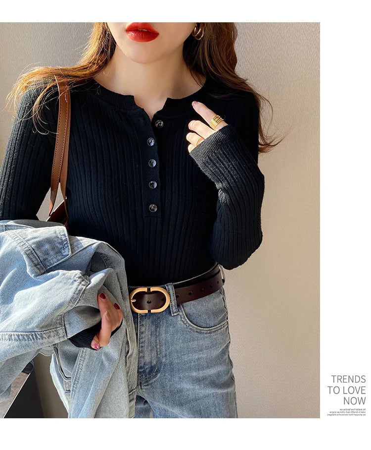 Suéter de malha feminina com decote em O Botão Pulôveres Primavera Outono Suéteres Básicos para Feminino Pulôver Slim Sólido Negrito Listradas Tops