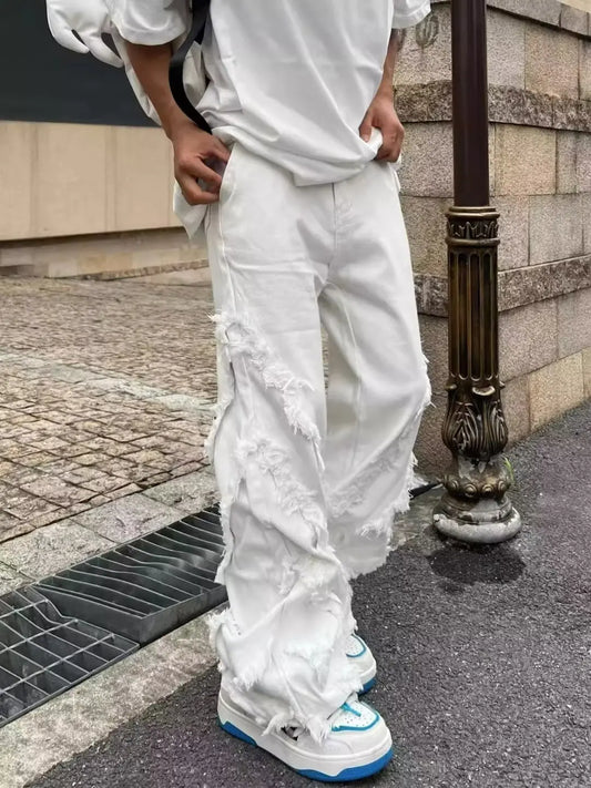 Jeans de Rua Estilo Americano Erosão Danos Raw Edge para Homens Estilo Harajuku Dança Reta Jeans Brancos Roupas Y2k para Mulheres
