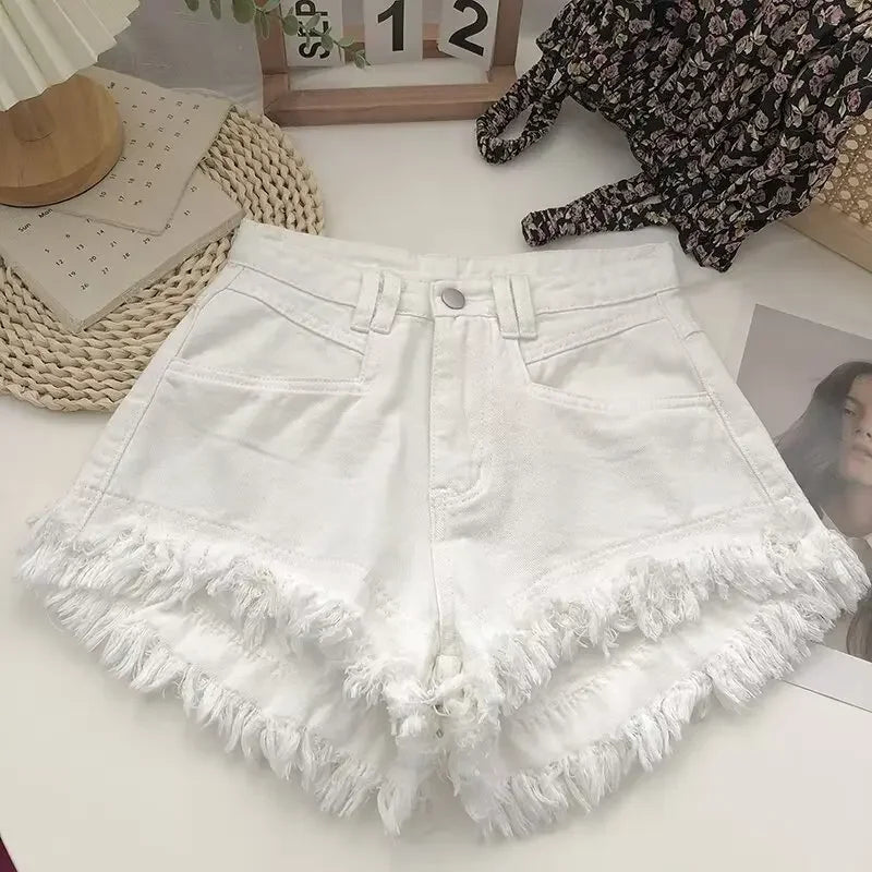 Shorts jeans com franjas avermelhadas rosa verão feminino novo nicho emagrecimento cintura alta picante menina linha A calças de calor de perna larga