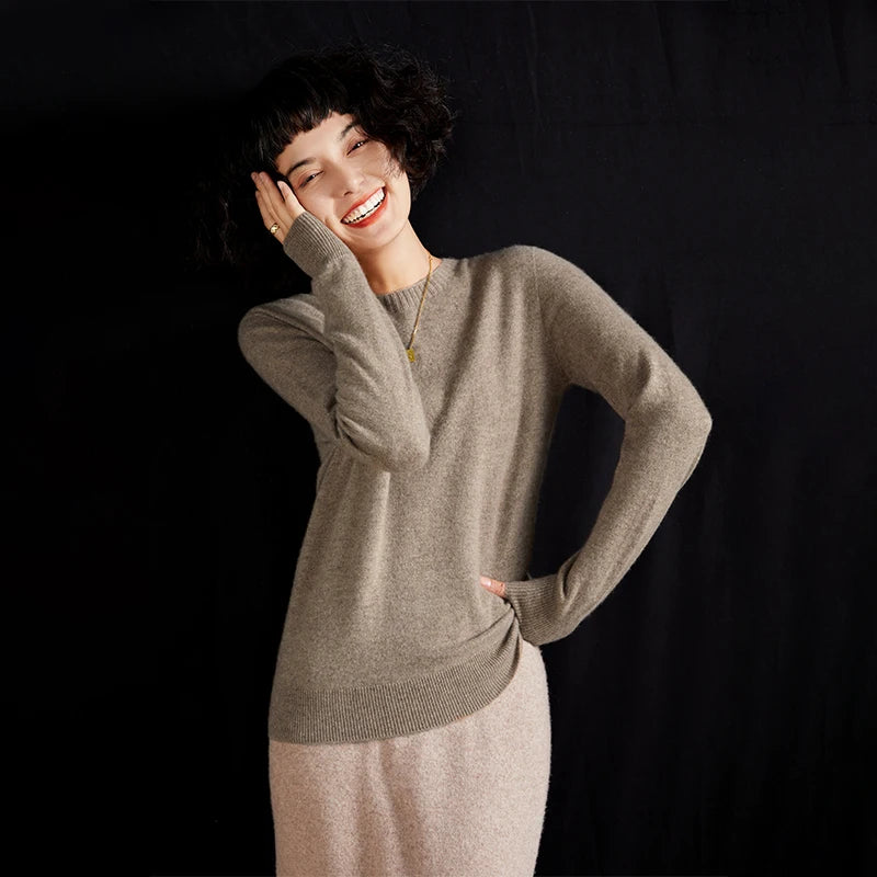 Pulôver feminino outono/inverno 100% puro suéter de caxemira casual suéter de malha gola redonda solto Tops básico versátil Blusa
