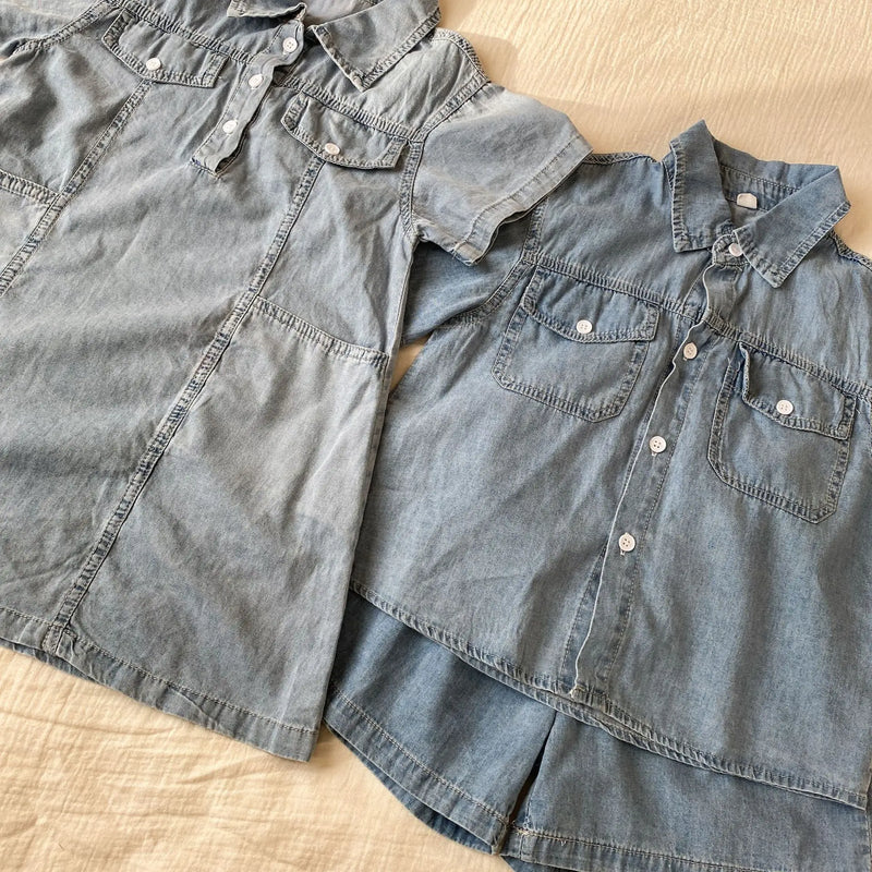 Roupas infantis 2025 verão novo terno jeans para menino ou vestido de menina casual roupas para irmão e irmã