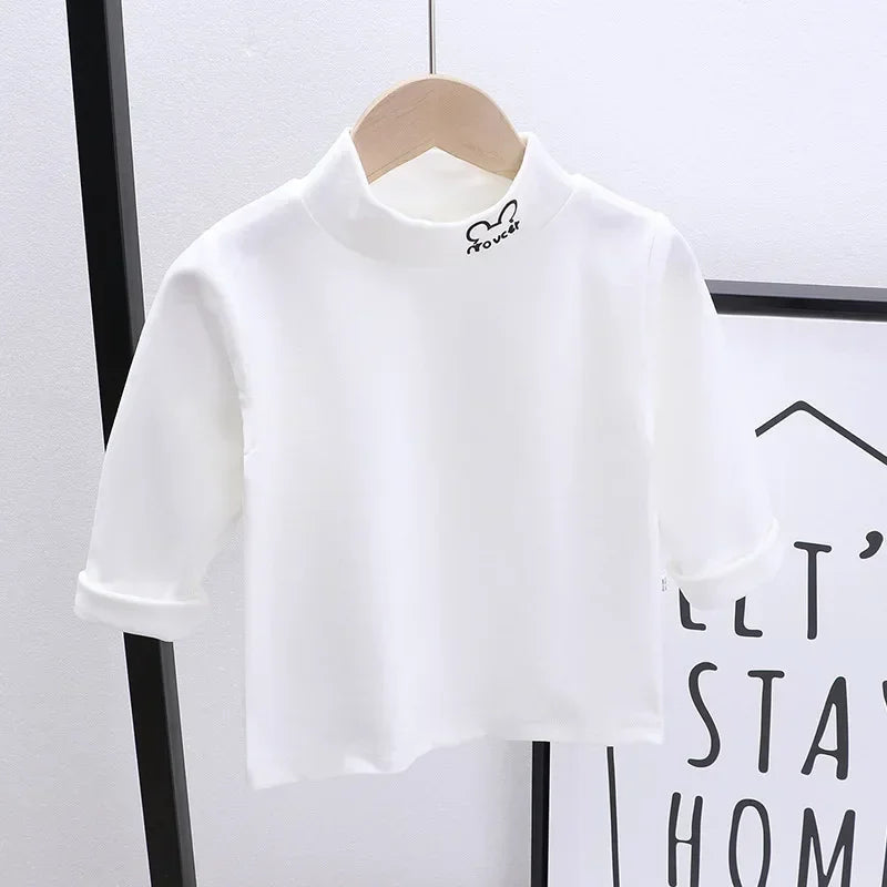 Outono Inverno Crianças Crianças Meninos Meninas T-shirts Tops Gola Alta Sólida Manga Comprida Quente Velo Bottoming Camisas Tees para Crianças