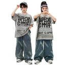 Meninas Meninos Hip Hop Dança de Salão Trajes 4 Crianças Cinza Camiseta Azul Denim Jeans Calças Jazz Dança Roupas Criança Palco Dancewear