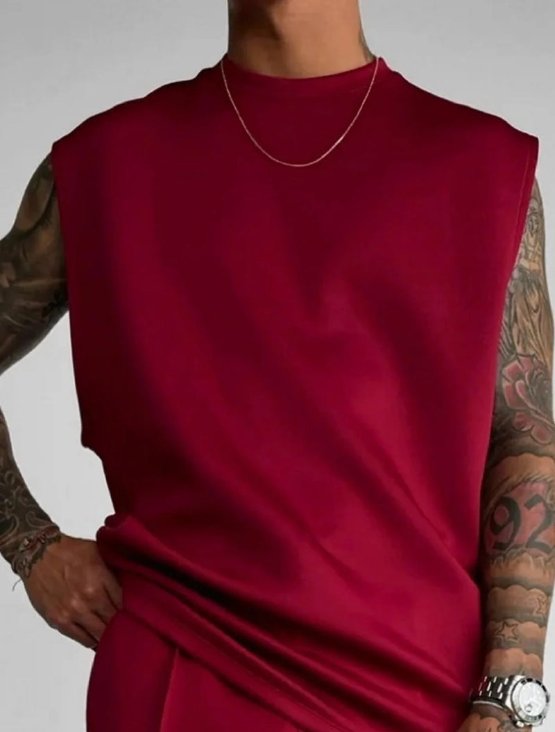 2025 Verão novo masculino moda esportiva calças casuais colete conjunto solto sem mangas T-shirt conjunto de cor sólida