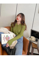 Suéter de malha feminina com decote em O Botão Pulôveres Primavera Outono Suéteres Básicos para Feminino Pulôver Slim Sólido Negrito Listradas Tops