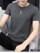 Camiseta masculina de verão estilo coreano Slim Fit de manga curta 140g blusa de poliéster suaviza sua silhueta Cor sólida Camada de base Top