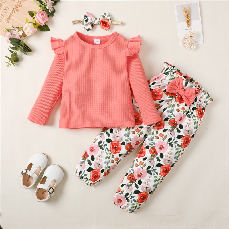 1-5 anos Kids Girl Conjunto de roupas de manga comprida Camisa com nervuras de cor sólida + calças florais + faixa de cabeça Outono 3PCS Outfit para menina da criança