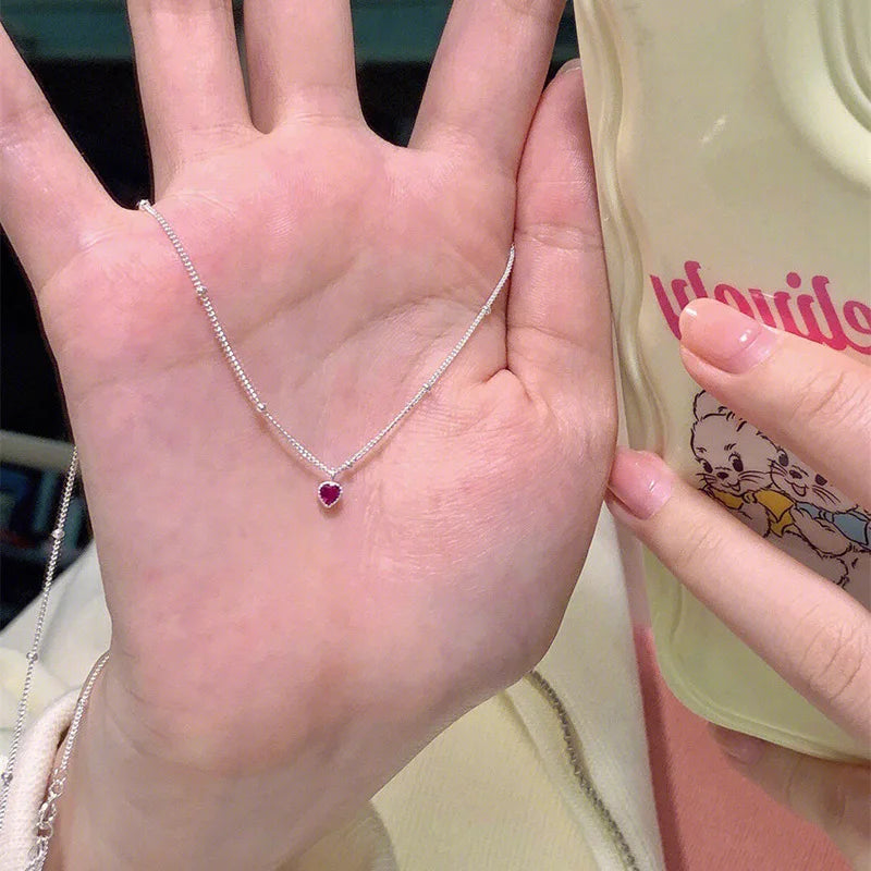 925 Colar de Prata Esterlina Pingente Para Mulheres Jóias Amor Colar Pequeno Mini Pingente de Coração Vermelho Simples Colar Em Forma de Coração