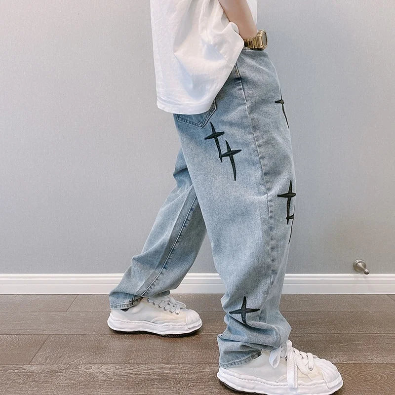 Estampas Jeans Homens 2023 Novo Streetwear Baggy Wide Leg Jeans Coreano Moda Cortinas Reta Casual Solta Denim Cargo Calças
