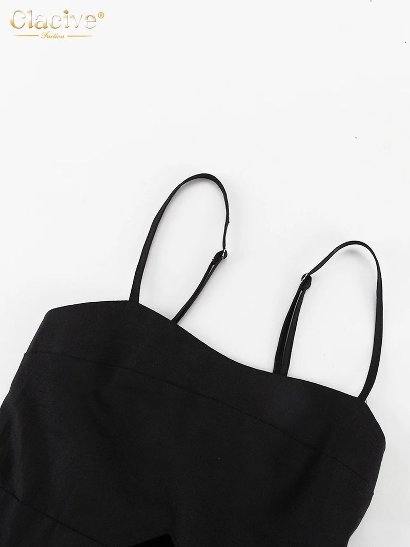 Clacive Sexy Loose Black Cotton Womens Dresses 2024 Summer Strap Sleeveless Ankle Length Dress Elegant Hollow Out Female Dress