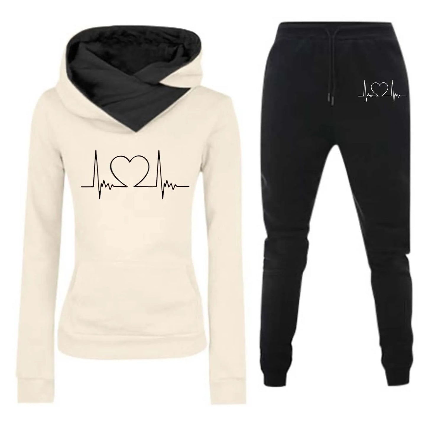 Mulheres Moletom Outono/Inverno Batimentos Cardíacos Frequência Impresso Veludo Moletom com Capuz Conjunto Casual