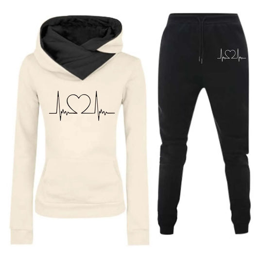 Mulheres Moletom Outono/Inverno Batimentos Cardíacos Frequência Impresso Veludo Moletom com Capuz Conjunto Casual