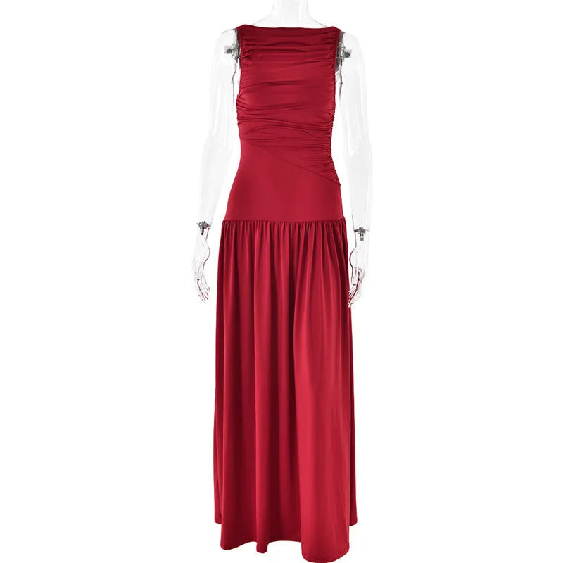 Mozision Elegante Sem Mangas Maxi Vestido Para As Mulheres Moda Sólida Barco Pescoço Tanque Vestidos Senhoras Sexy Ruched Vestido Longo Novo Vestido