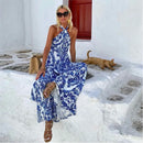 Fashion Trend Print Halter Neck Long Dresses Women Sexy Backless Sleeveless Vacation Style Maxi Dress Female Summer New Vestidos
