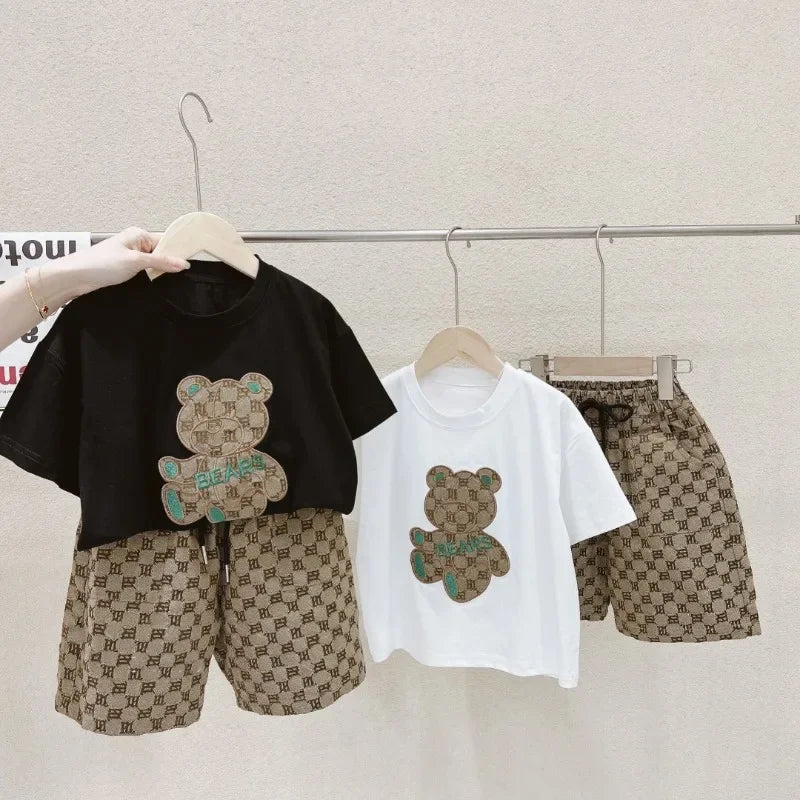Roupas para Crianças Meninos Verão Cartoon Bear T-Shirt & Plaid Shorts Conjunto de 2 Peças Conjunto de Treino Geométrico Adolescente Menina Urso Estereoscópico