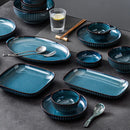 Pratos de cerâmica vitrificada em forno azul, pratos de jantar para micro-ondas, tigelas de salada de arroz redondas, talheres domésticos