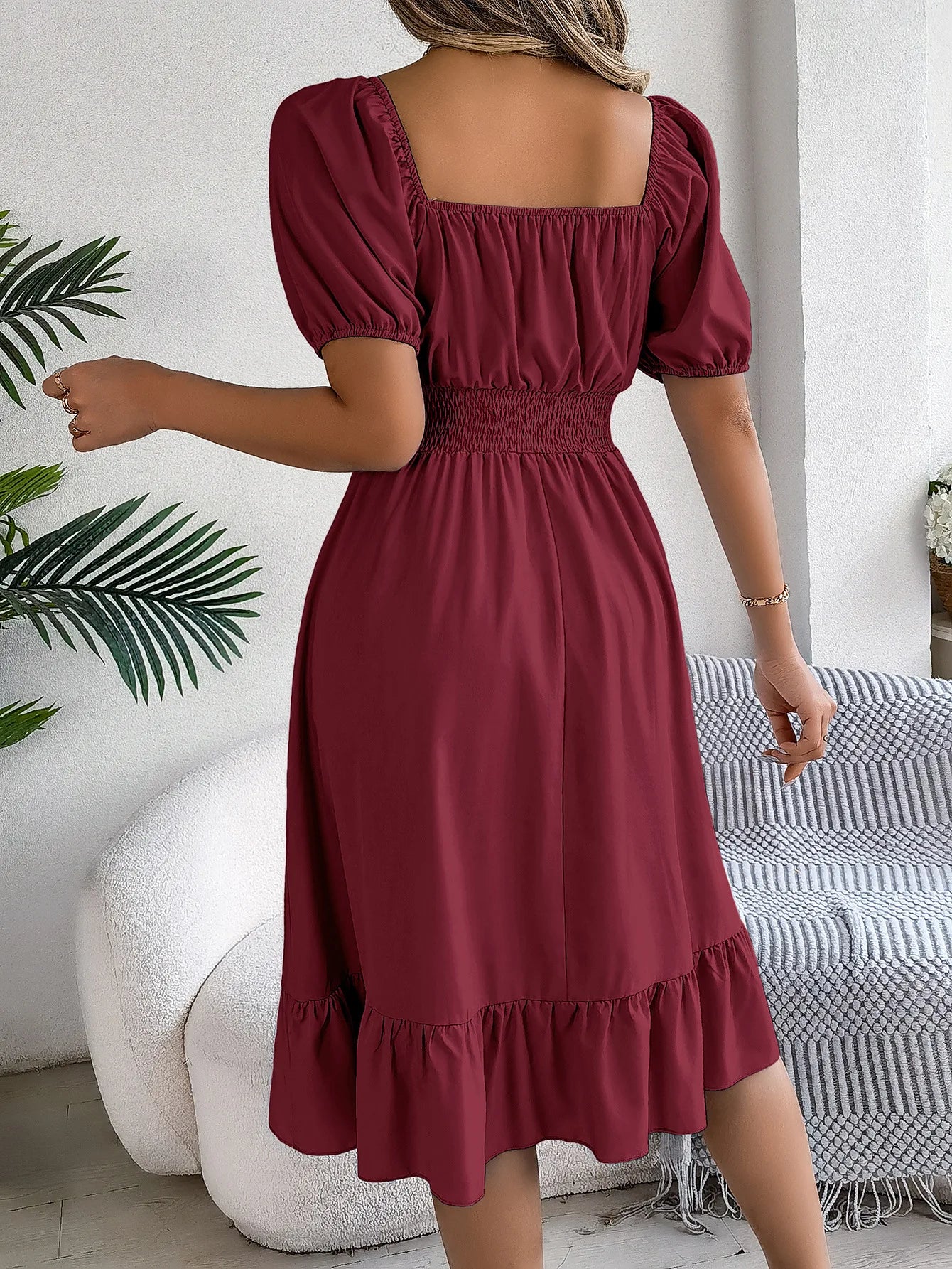 Mulheres Vestidos Pequenos 2024 Verão Casual Decote Quadrado Manga Curta Cintura Vestido de Borda com Babado Mulheres Elegante