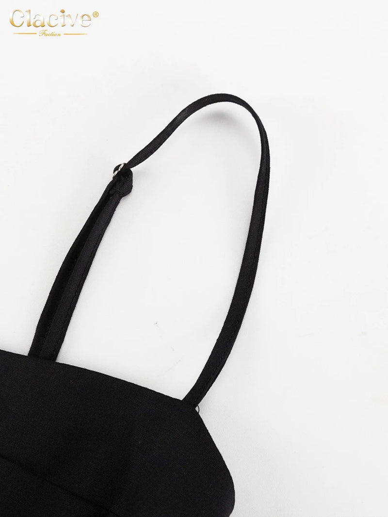 Clacive Sexy Loose Black Cotton Womens Dresses 2024 Summer Strap Sleeveless Ankle Length Dress Elegant Hollow Out Female Dress