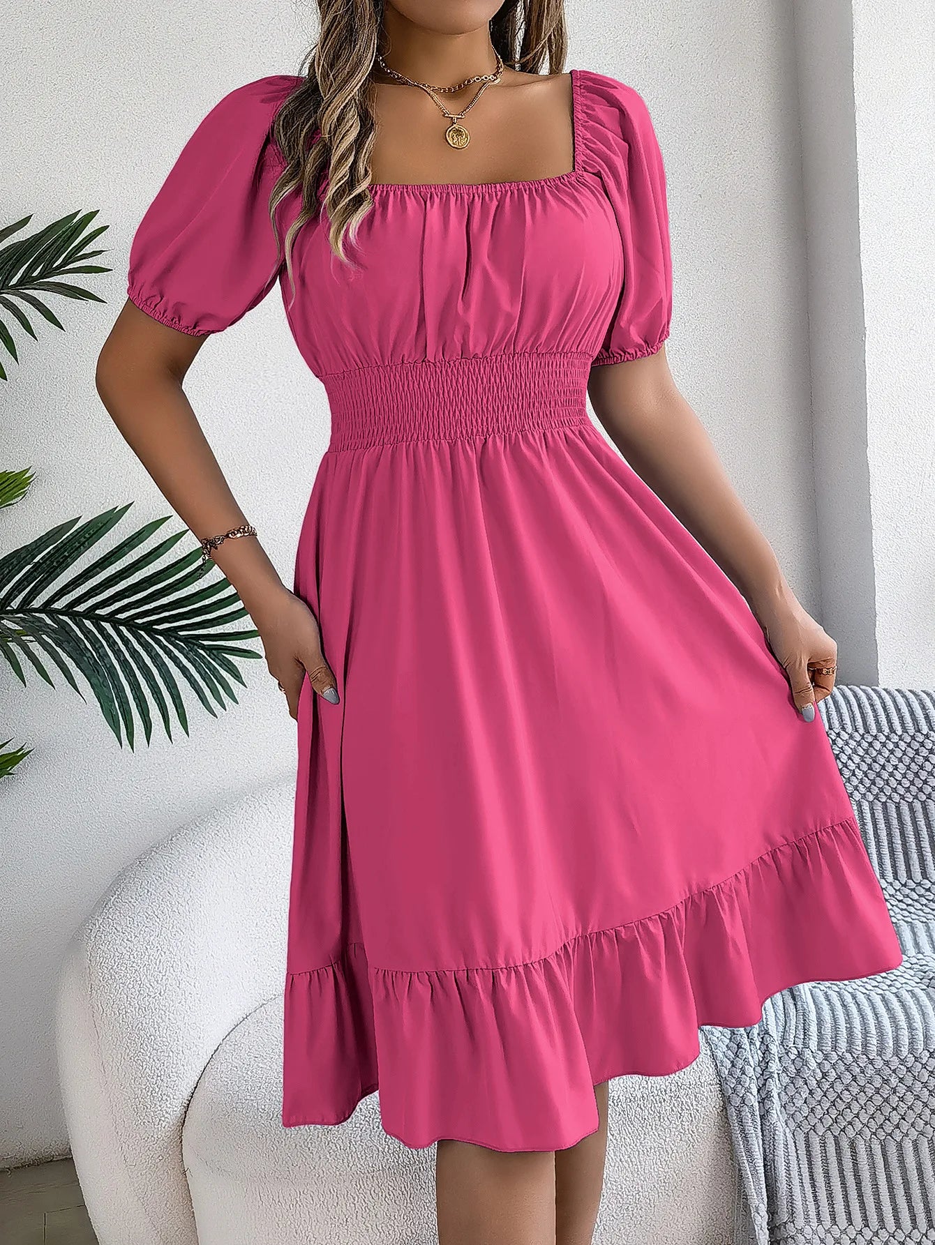 Mulheres Vestidos Pequenos 2024 Verão Casual Decote Quadrado Manga Curta Cintura Vestido de Borda com Babado Mulheres Elegante