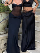 kliou Malha Suspendência Mulheres Maxi Vestido Sexy Ver Através Amarrado Patchwork Gola Baixa Sem Encosto Bodycon Feminino Moda Festa Vestidos